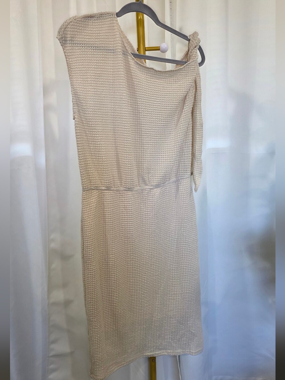 Cream Waffle Knit One-Shoulder Tie-Strap Dress, Size XL